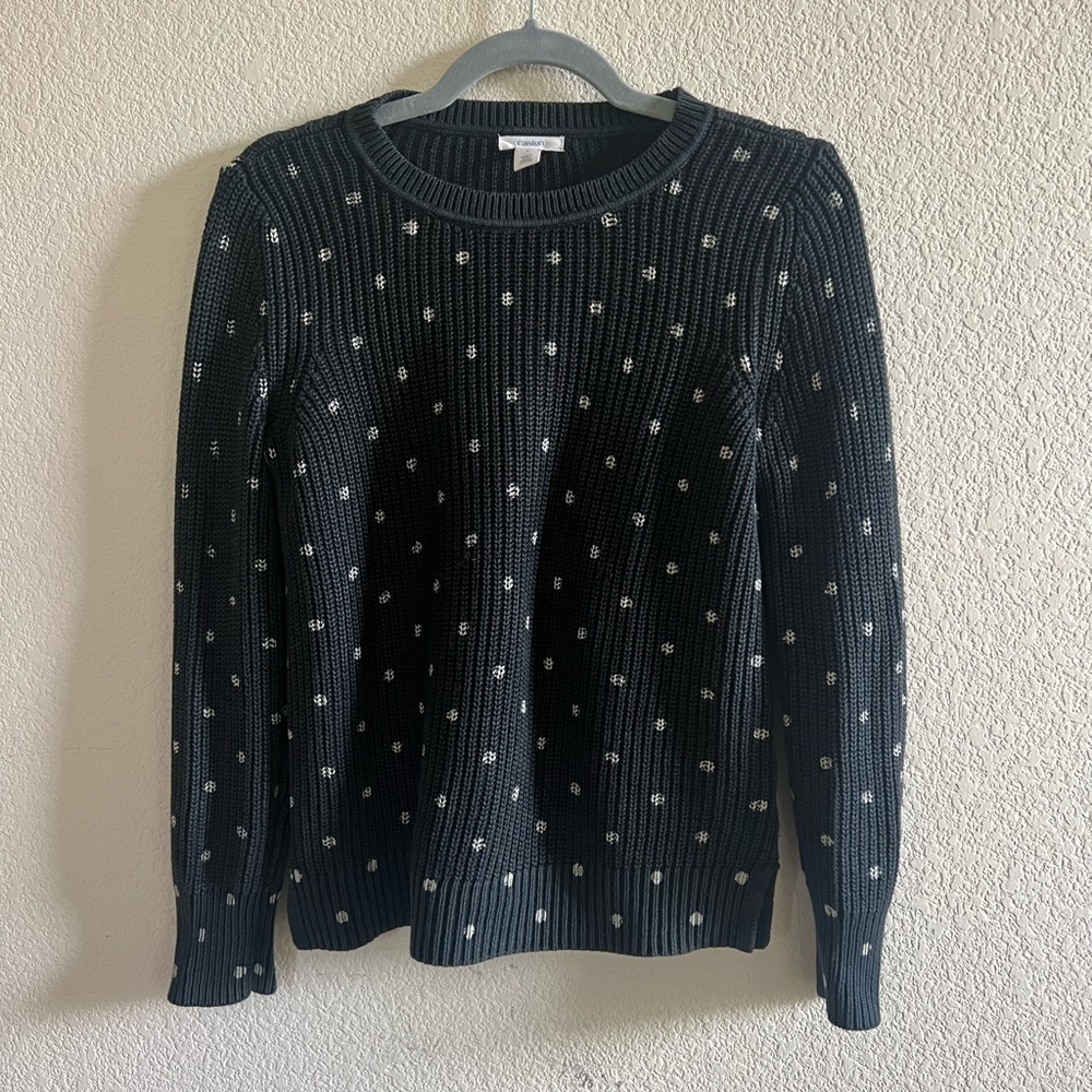 Cotton Fisherman Sweater - Black with pretty ecru dots